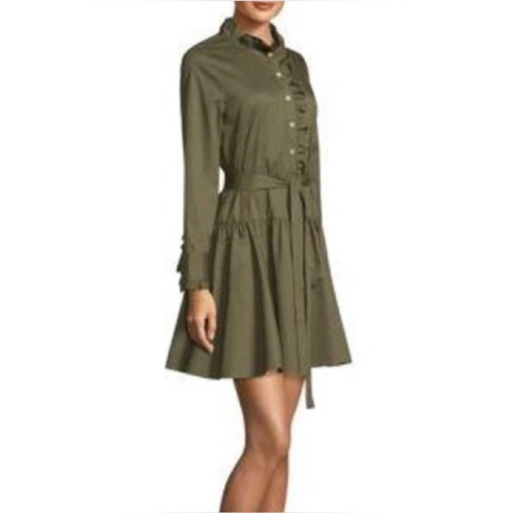 Kate Spade Brooks Broome Street Ruffle Olive Green Button-Up Dress. Size Small